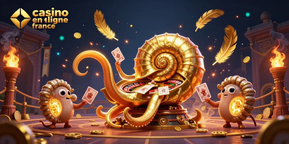 Jouer au casino en ligne France avec un nautilus géant, illuminé de pièces d'or et de cartes.