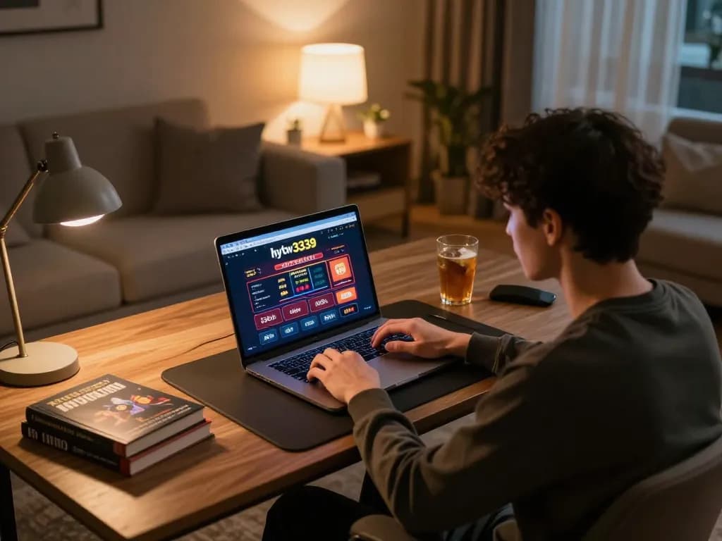 Person engaging in online gambling on hytw3339 site from a stylish home setup, focusing on strategy