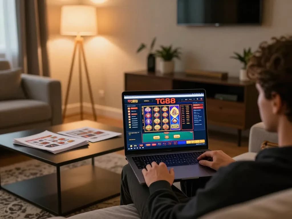 TG88 player engaging in online casino strategy at home with a cozy setup