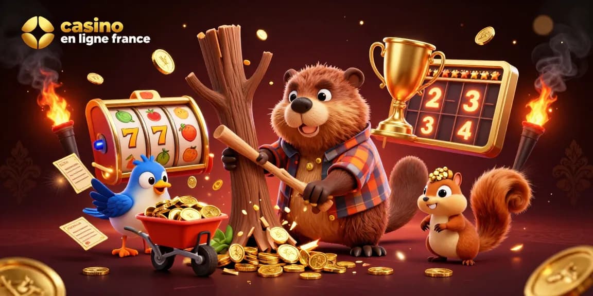 Le casino en ligne France propose des jeux captivants avec un castor, un oiseau et un écureuil s'amusant à collecter des pièces d'or.
