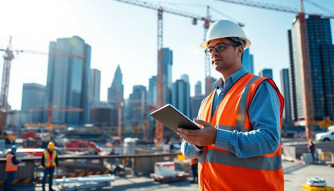 Manhattan Construction Manager leading a team on an urban construction site with cranes.