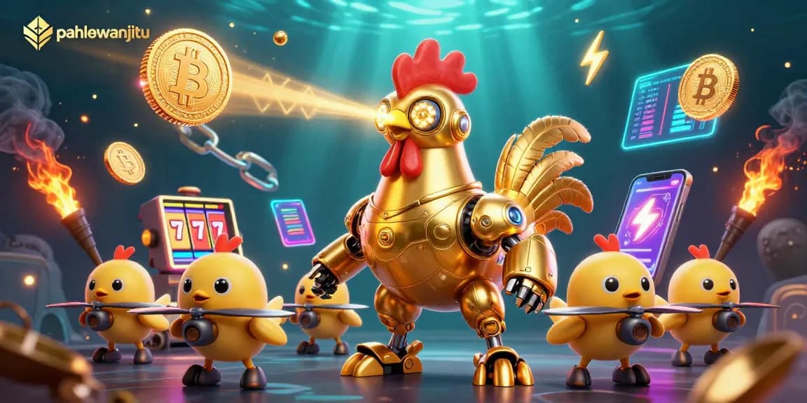 Experience exhilarating gameplay at pahlawanjitu with vibrant golden rooster robot and slot machines on display.
