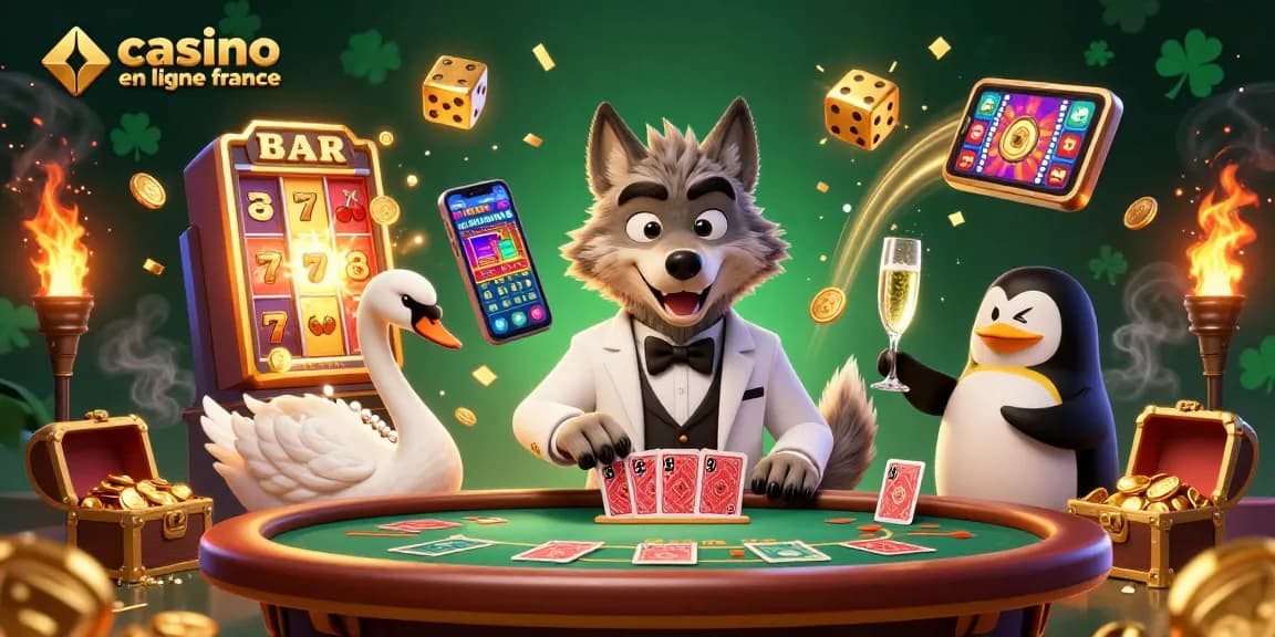 Illustration 3D de casino en ligne France avec un loup élégant, un cygne et un pingouin