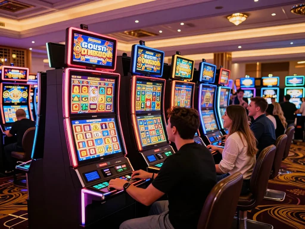SLOT6000 players celebrating wins on colorful slot machines in a lively casino atmosphere