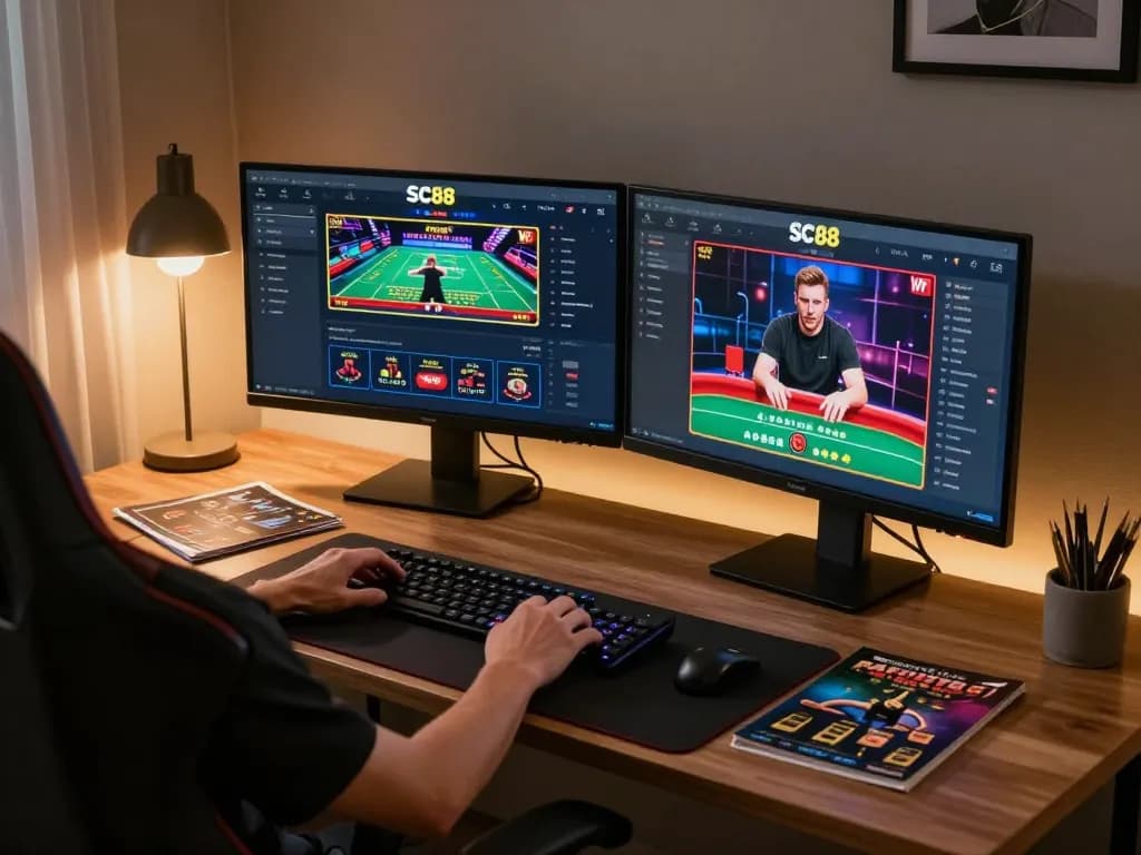 Experience thrilling SC88 Vip online gaming with dual monitors and live dealer action.