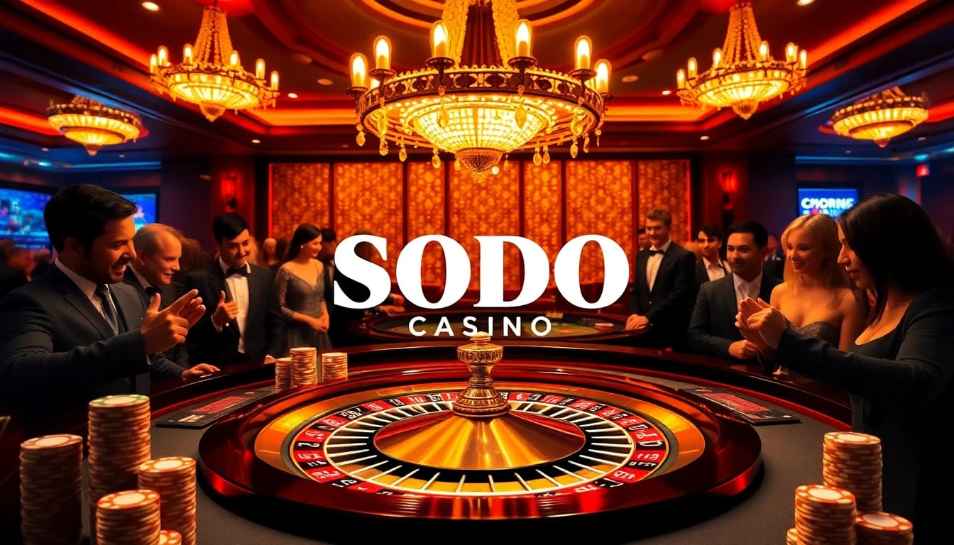 SODO Casino roulette table with excited gamblers enjoying the vibrant atmosphere of high-stakes gambling.