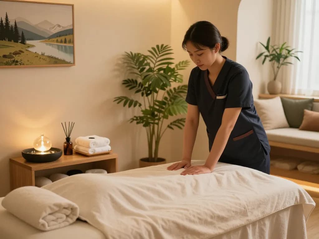 Relaxing massage studio scene for 삼성동마사지 therapy with aromatic oils and calm atmosphere.