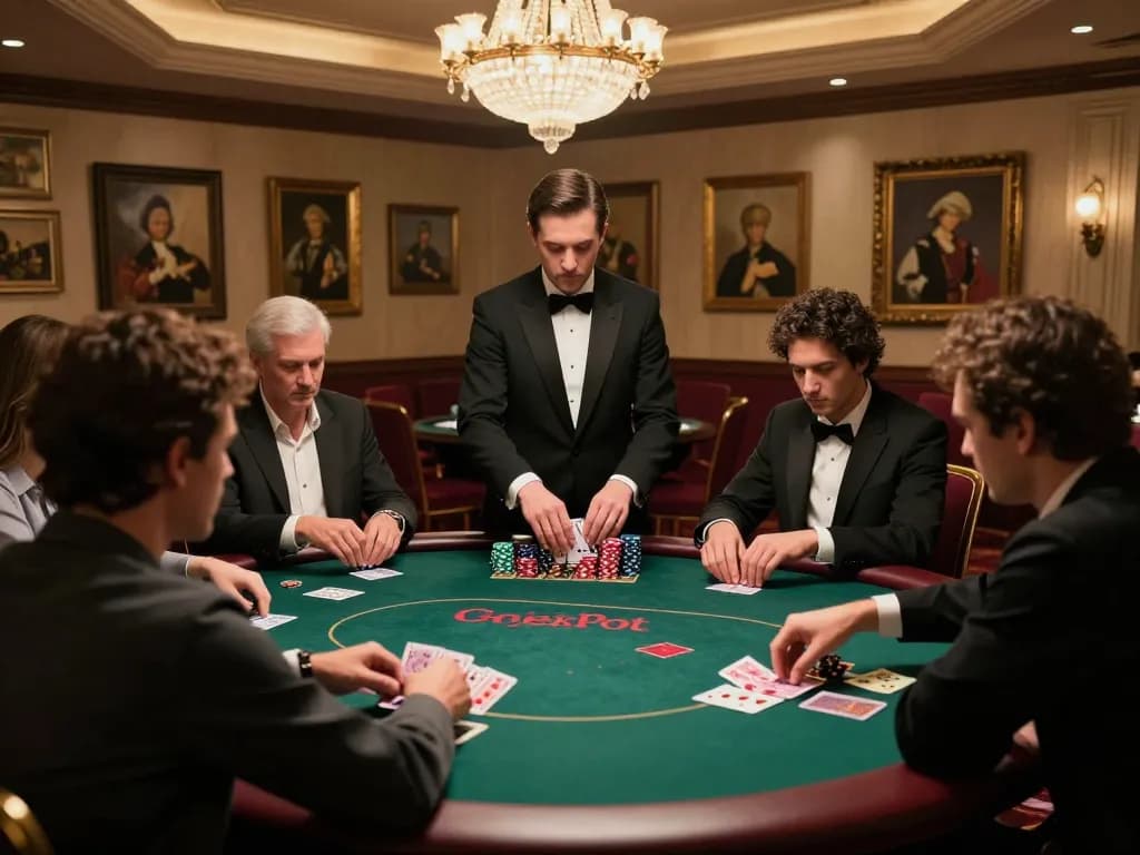 Gojekpot players engaged in an intense poker game showcasing strategy at a luxury casino table.