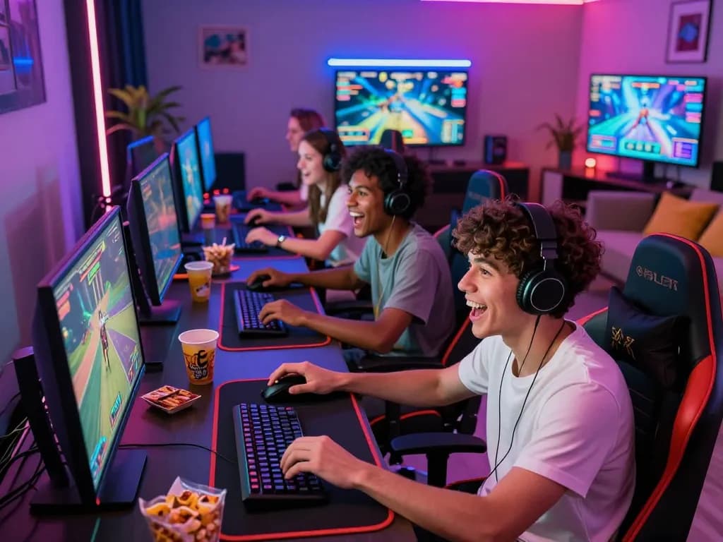 Engaged players enjoying thrilling online games at vegasslot77, showcasing excitement and teamwork in a vibrant gaming environment.