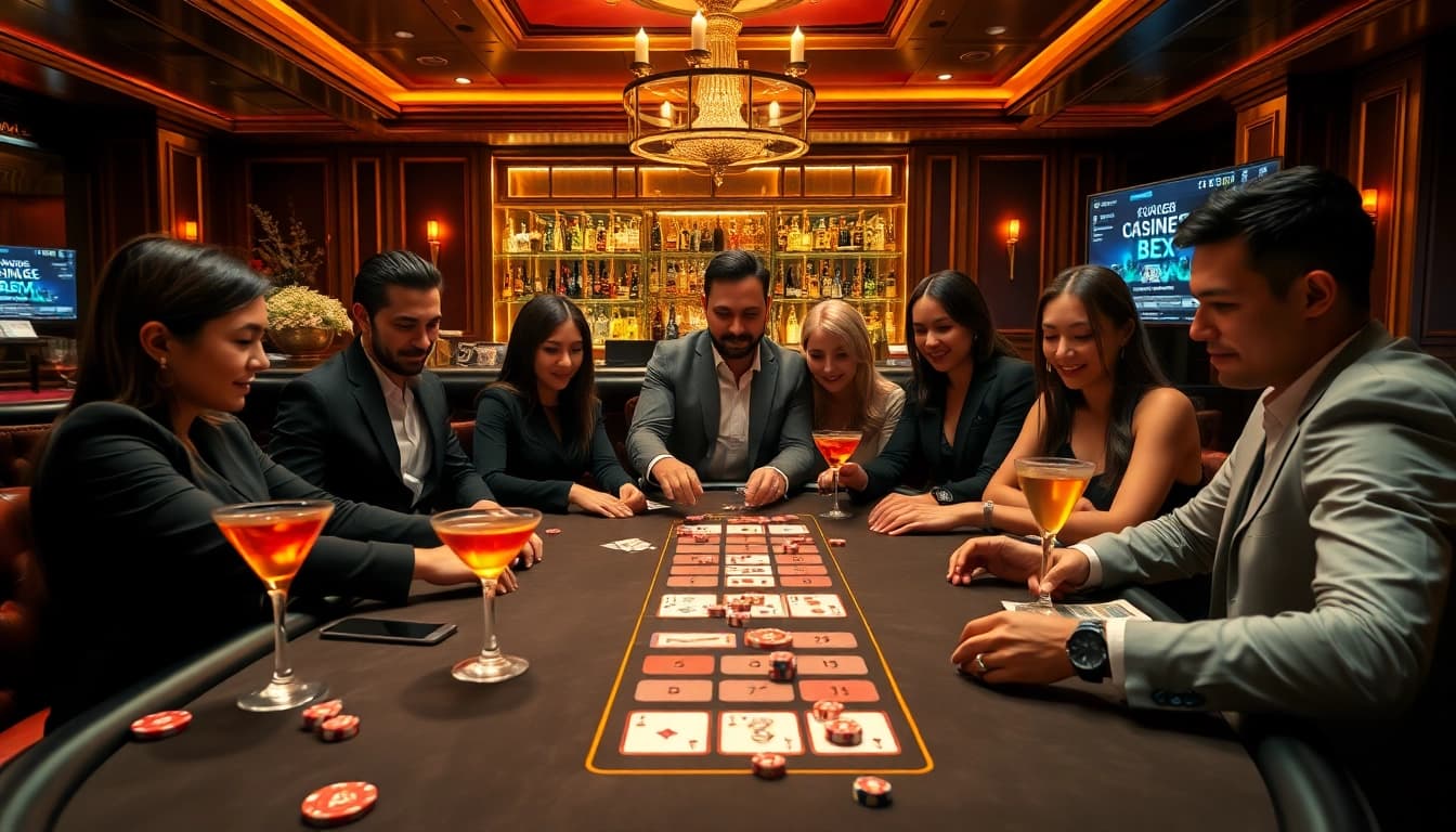 Plongez dans l'atmosphère palpitante du casino en ligne avec des joueurs et des tables de casino.