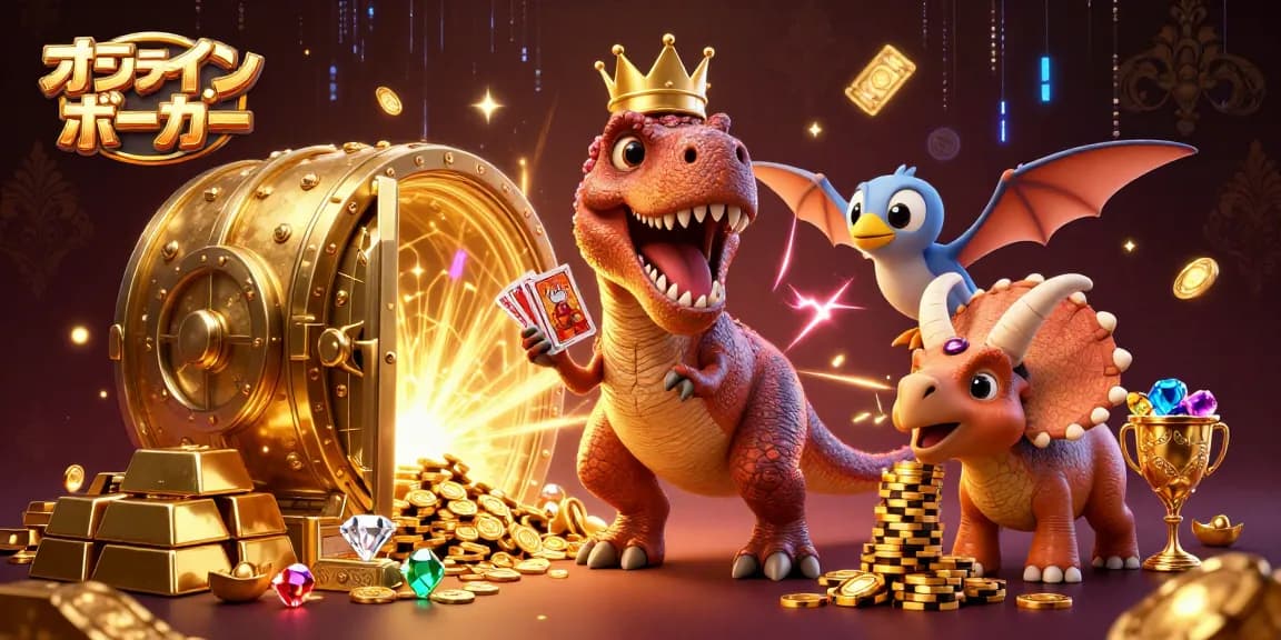 オンラインポーカーを楽しむキャラクターたちがゴージャスなアイテムに囲まれたシーン