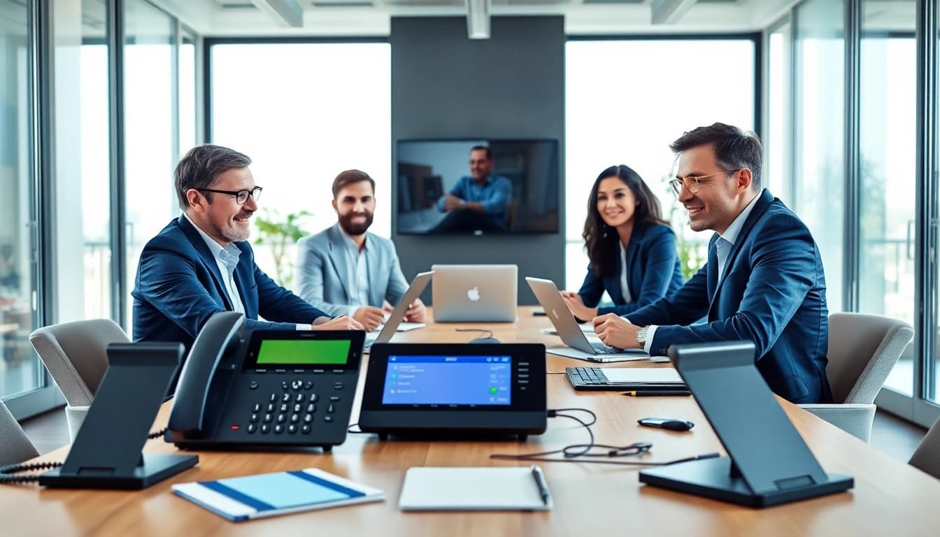 Showcasing advanced business phone systems in use during a professional meeting.