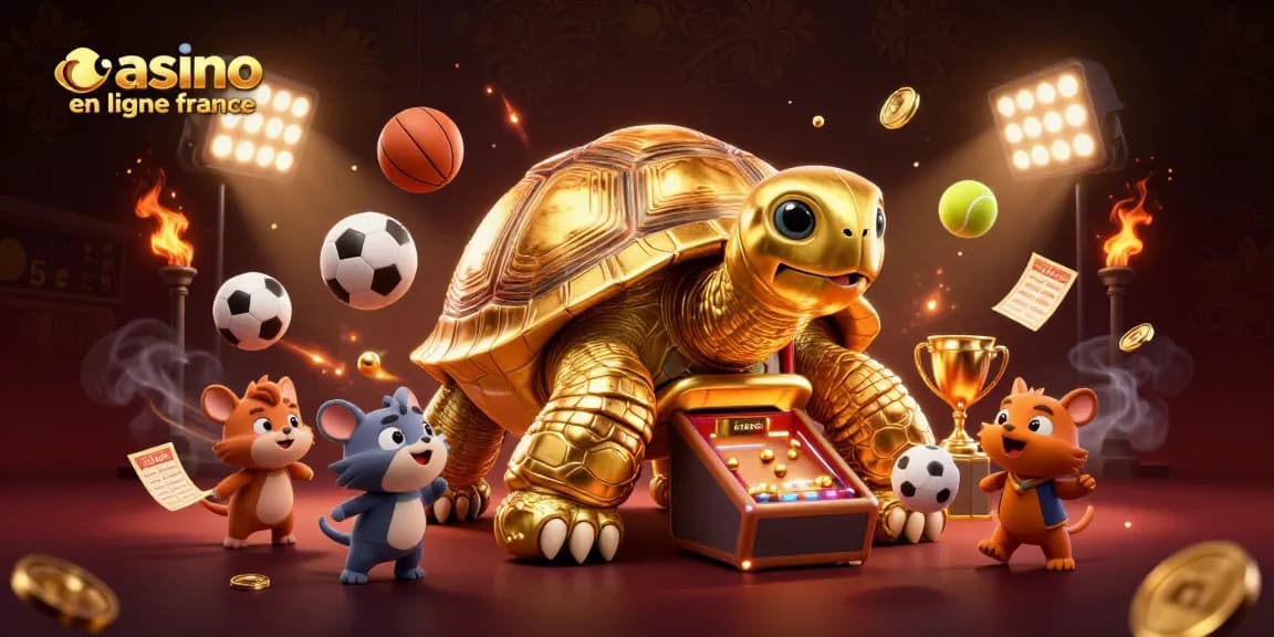 Profitez de l'expérience captivante du casino en ligne France avec une scène illustrée divertissante d'une tortue dorée colossal et des éléments de jeu.