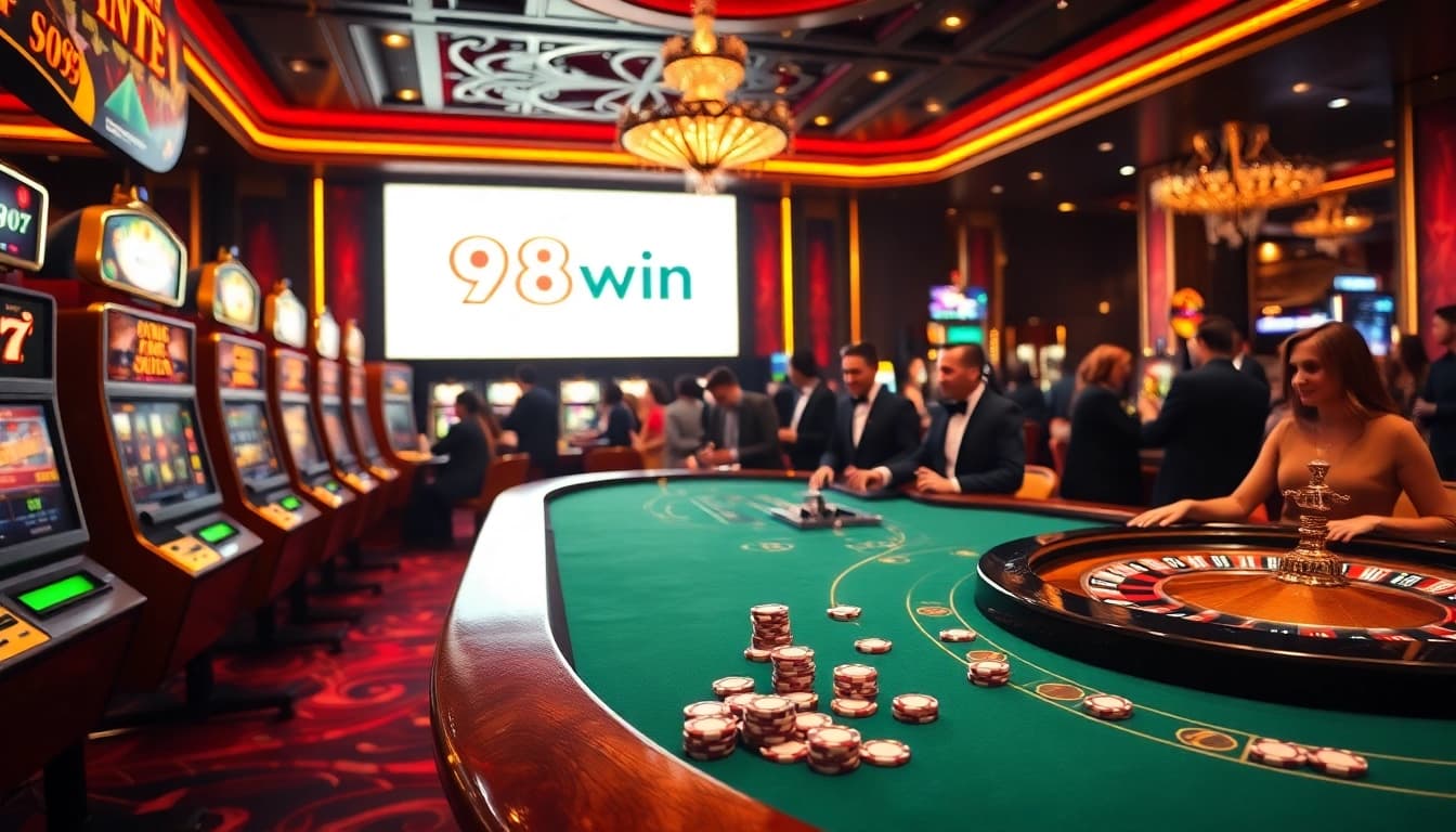 Experience the excitement of 98win with vibrant slot machines and elegant poker setups in a luxurious casino.