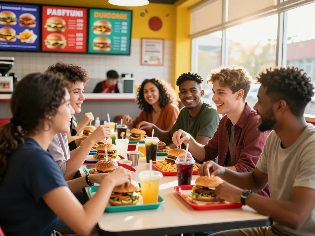 Friends enjoying meals at a fast food restaurant, showcasing fast food prices on menu boards.