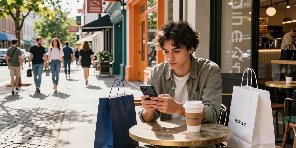 A young adult exploring shs-dome5.com at a café, embodying modern urban lifestyle and e-commerce experience.