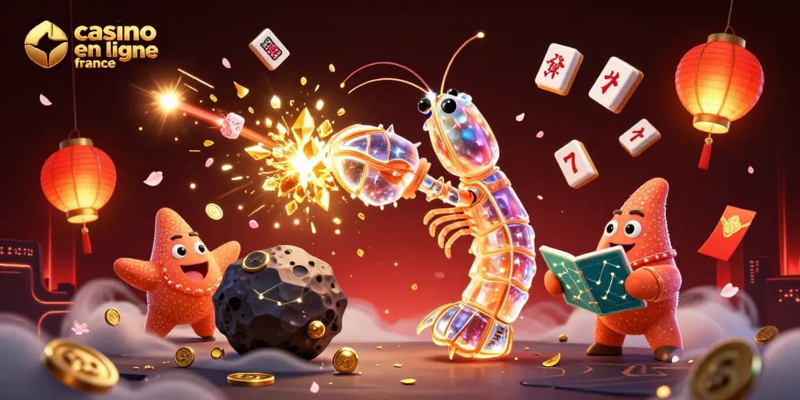 Illustration animée d'un casino en ligne France avec un samouraï galactique, pleins de pièces d'or et de joie.