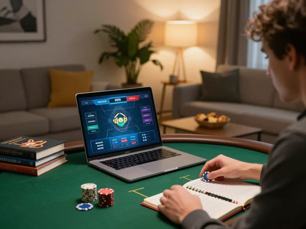Engaging in poker strategies on a laptop at home, reflecting on gameplay while using alexis77.