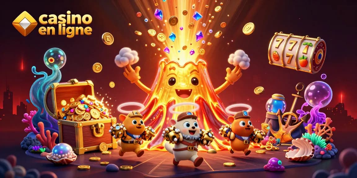 Jouez au casino en ligne avec une illustration animée de trésors et de jeux captivants.