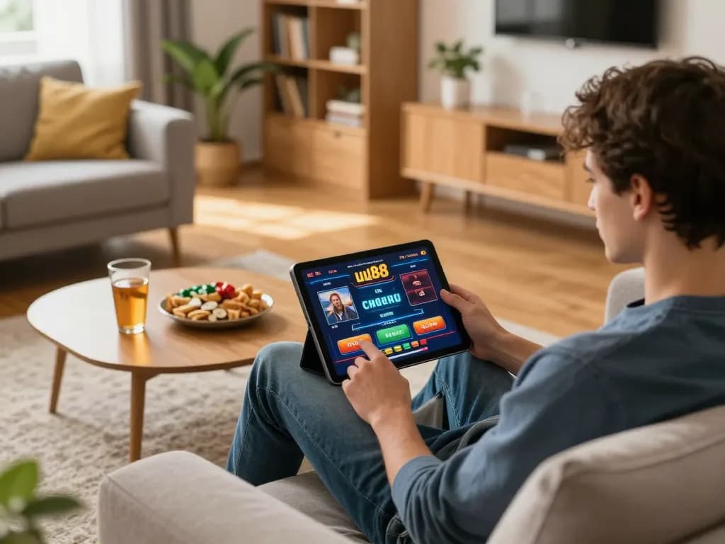 Player engaging with the uu88 gaming platform on a tablet during a cozy home gambling session.