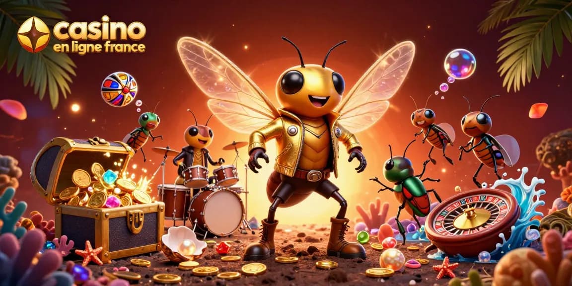 Illustration dynamique représentant une rock star cigale, le tout dans un univers de casino en ligne France avec des éléments de jeu.