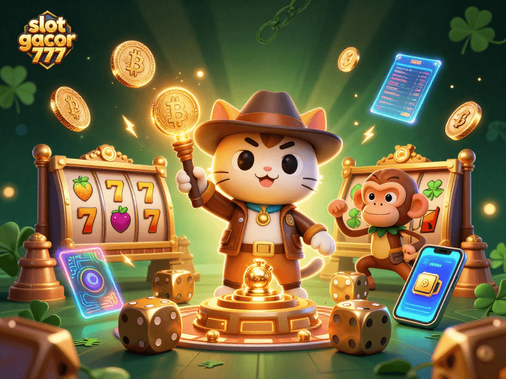 Experience slot gacor 777 adventures in a vibrant casino treasure hunt illustration.