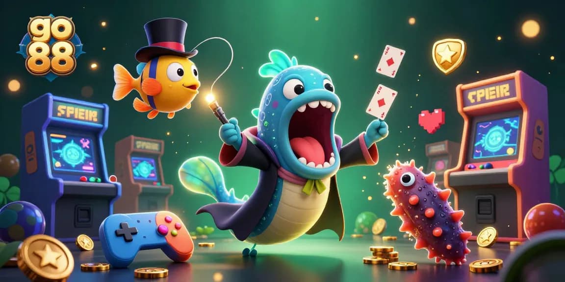 Go 88 card tricks featuring a magical eel and anglerfish in a gamified casino scene.