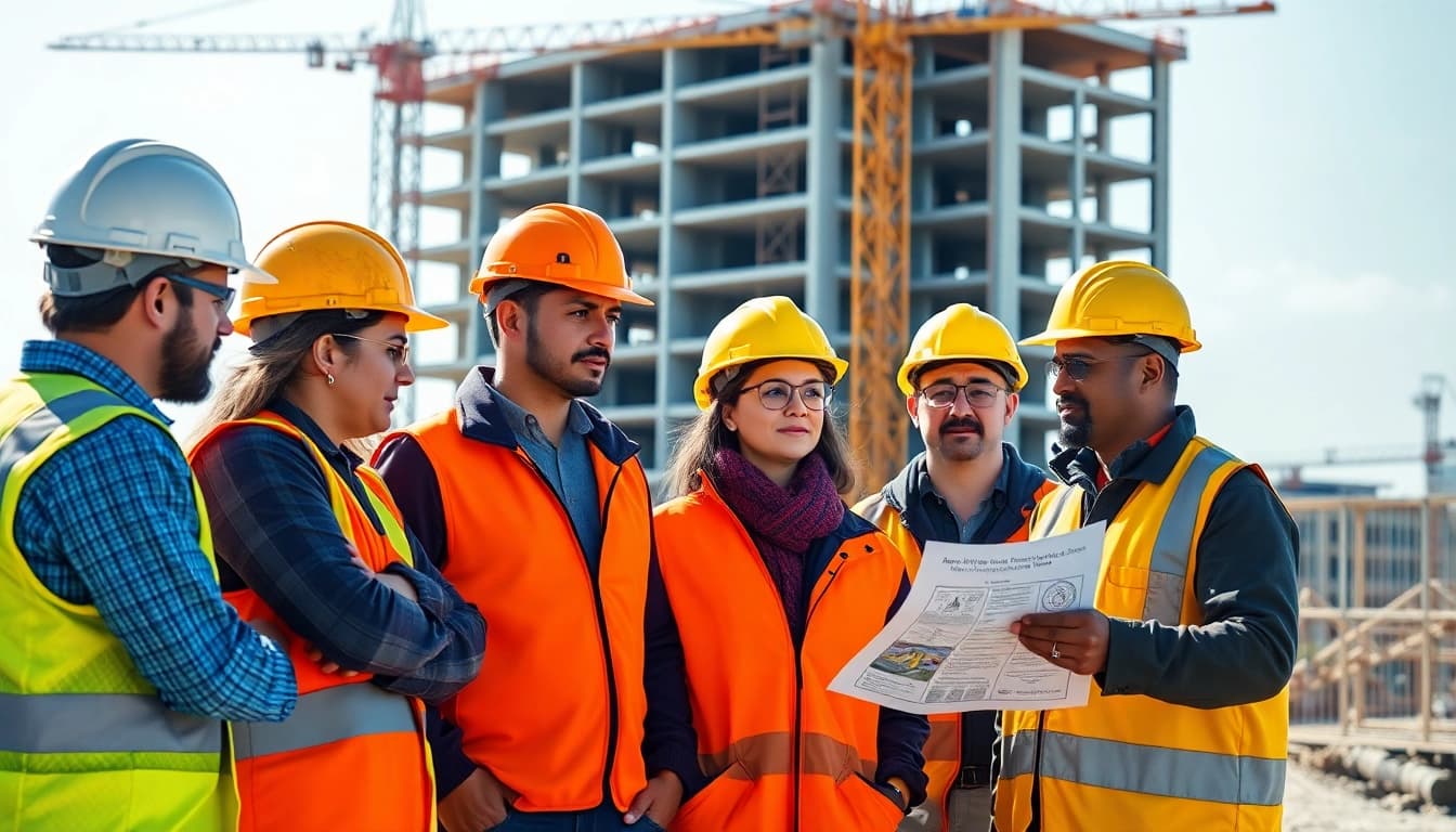 Workers participating in construction safety training at a site, emphasizing importance of safety.