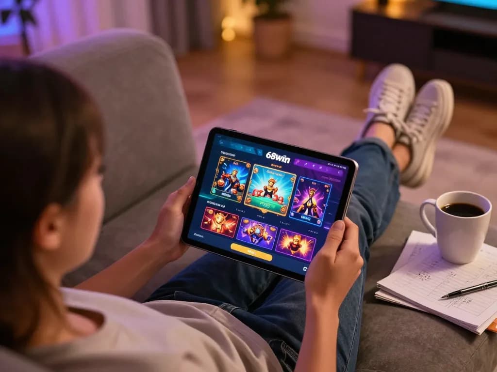 Player enjoying online casino gaming with 68win app on tablet in a cozy home setting.