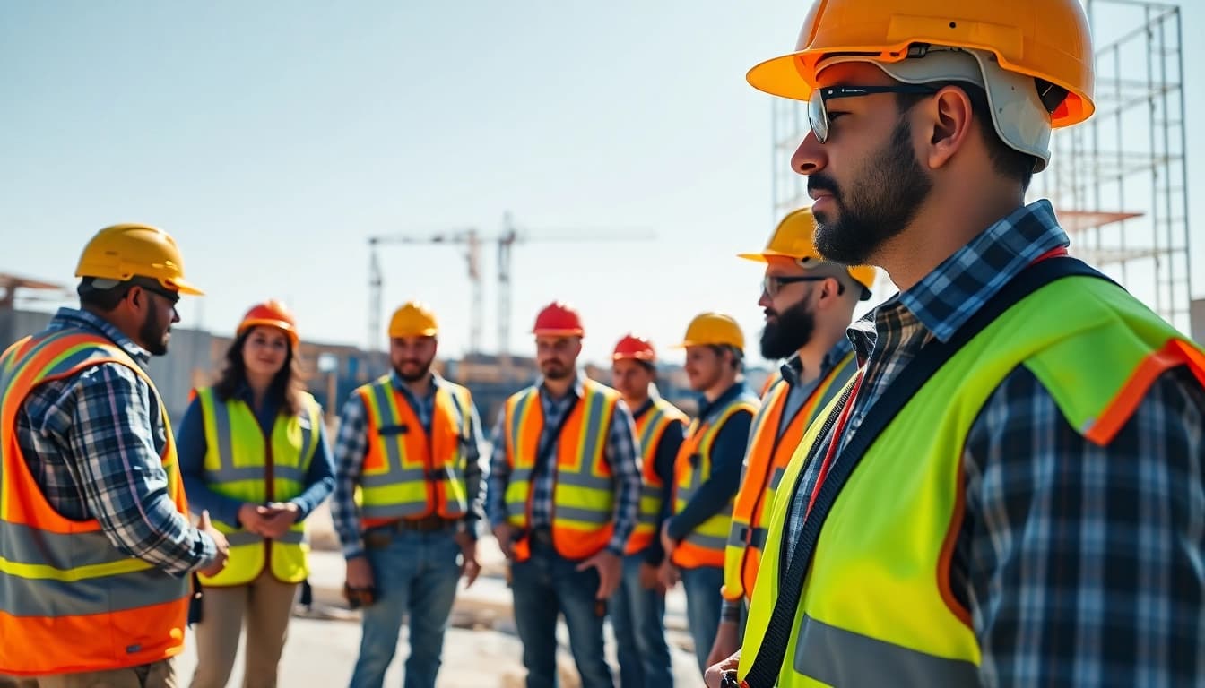 Enhancing construction site safety with workers and machinery in a vibrant, safe environment.