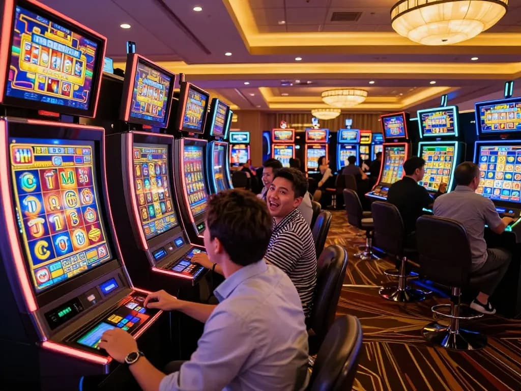 8K8 players celebrating slots wins in a vibrant casino atmosphere