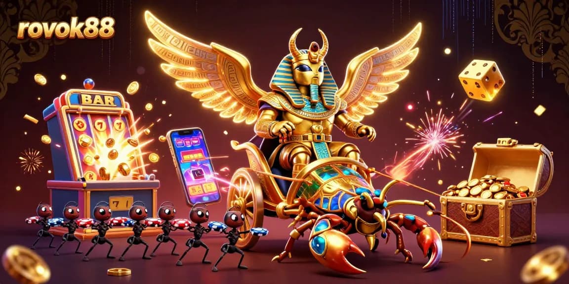 Experience the excitement of rokok88 with this vibrant illustration showcasing a 3D golden scarab and casino elements.