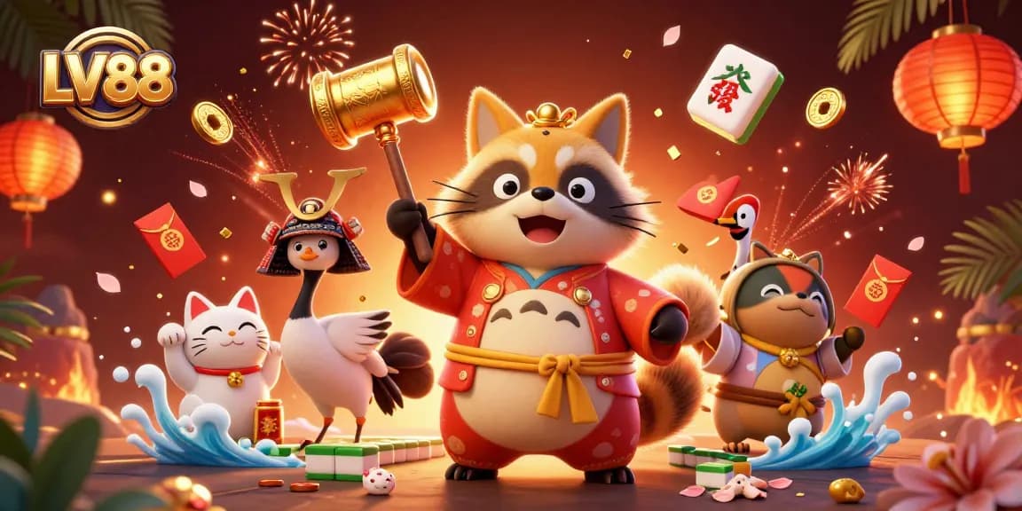 Experience the thrilling world of LV88 casino with lucky symbols and festive characters.