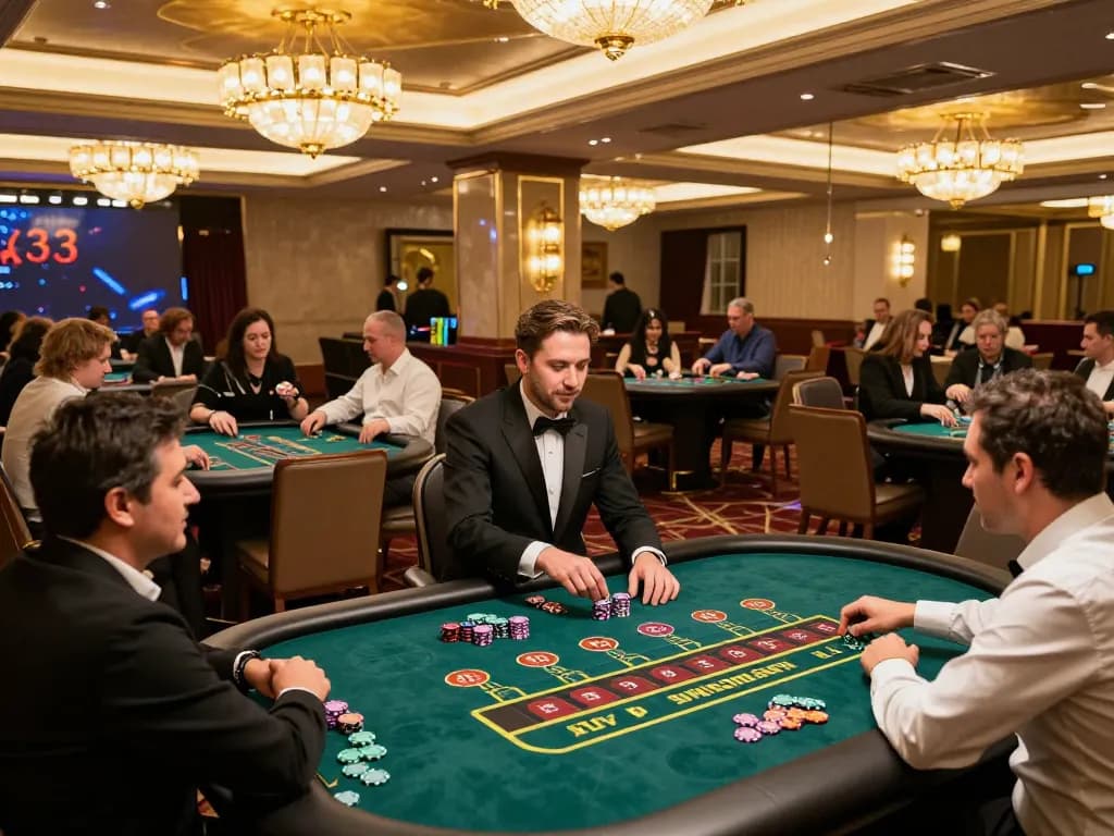 king33 players celebrating wins at live dealer tables in an upscale casino setting