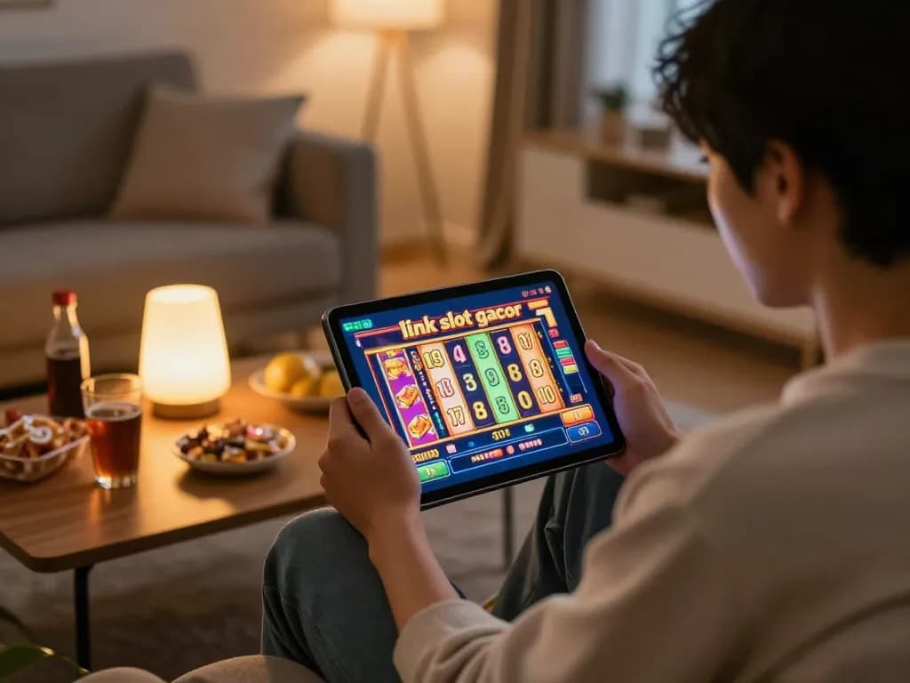 Engaging in link slot gacor gameplay on a tablet in a cozy living room