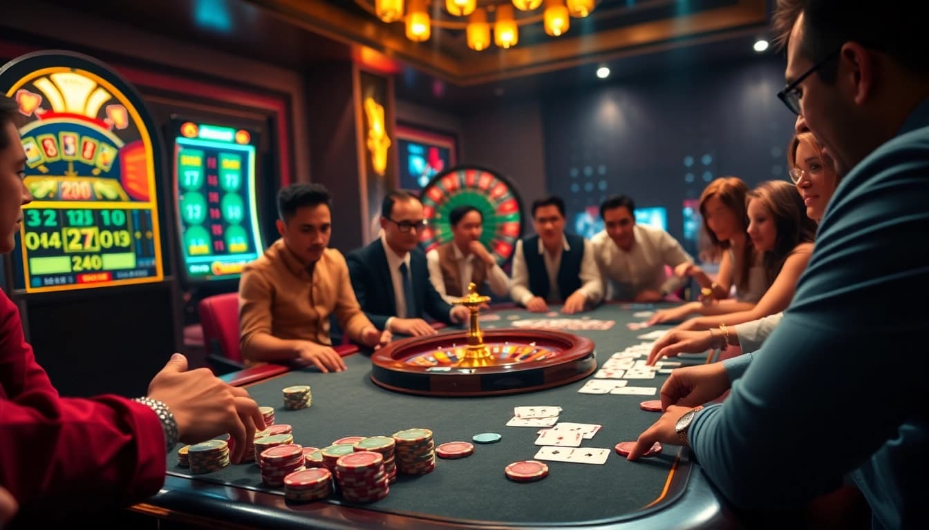 Players engaging with the keonhacai5 gaming experience at a luxurious casino table with vibrant poker chips.
