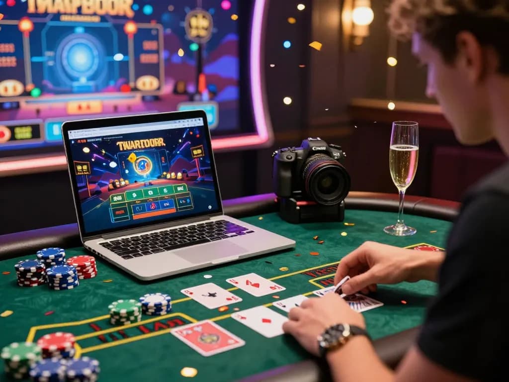 Engaging baccarat game experience at a vibrant online casino with colorful chips and digital confetti celebrating a win, reflecting the excitement of 바카라사이트.