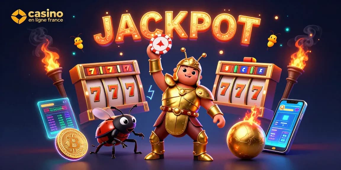 Illustration dynamique avec un scarabée gladiateur et des éléments de casino en ligne France, jackpot en vue.