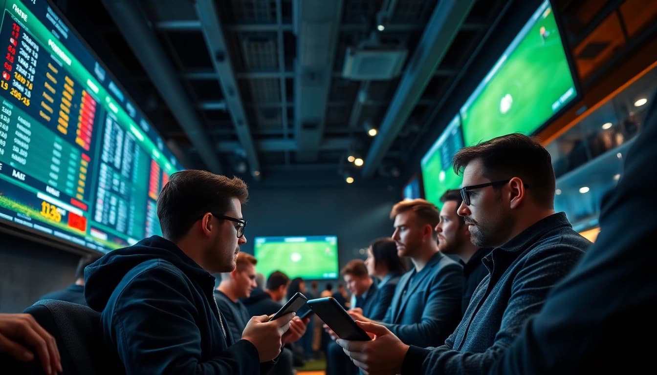 Engaged bettors analyzing real-time odds at https://keonhacai.study/ in a vibrant sports betting environment.