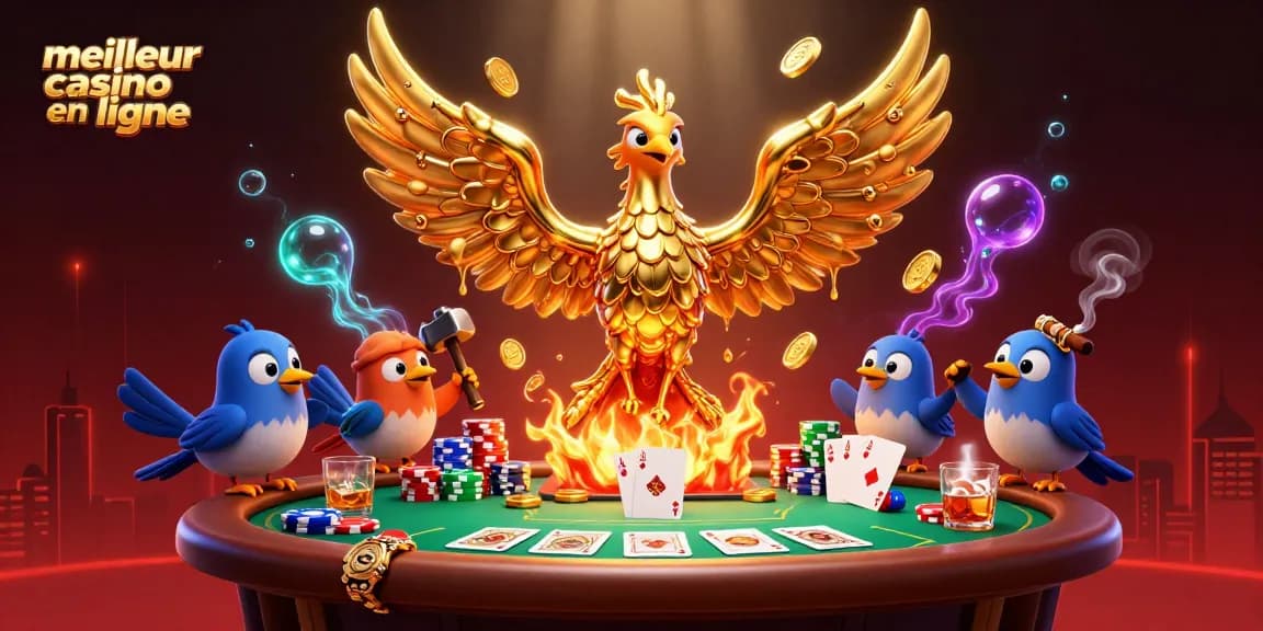 Visualisez le meilleur casino en ligne avec un phoenix en métal qui émerveille et des éléments de poker animés.