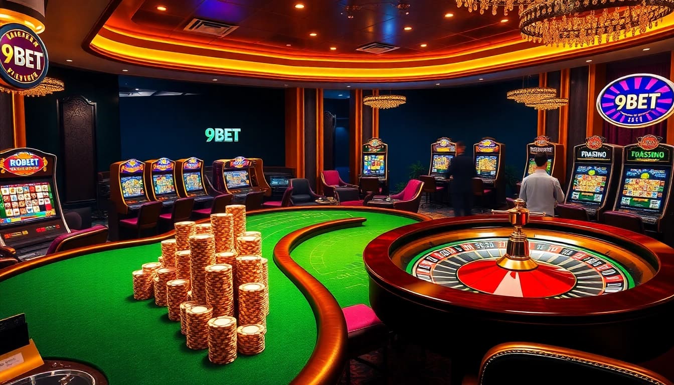 Engaging casino gameplay with 9BET-themed tables and vibrant slot machines.