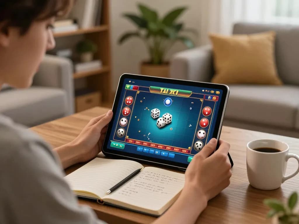 Playing tai xiu online on a tablet with an excited expression in a cozy home setting.
