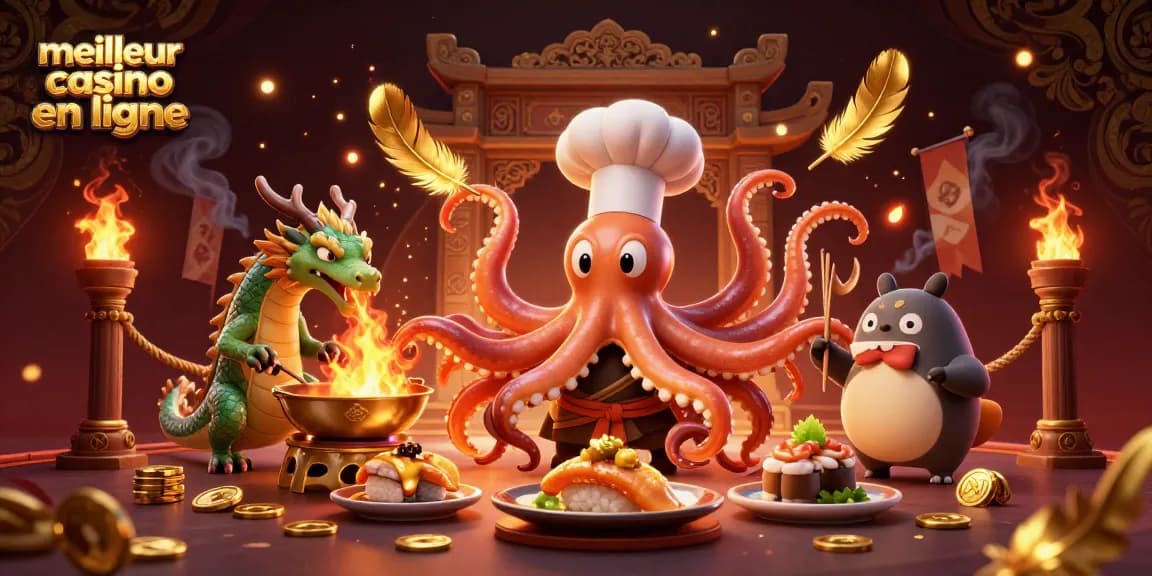 Visualisez le meilleur casino en ligne avec un chef sushi en 3D et un dragon jouant ensemble dans une scène dynamique.