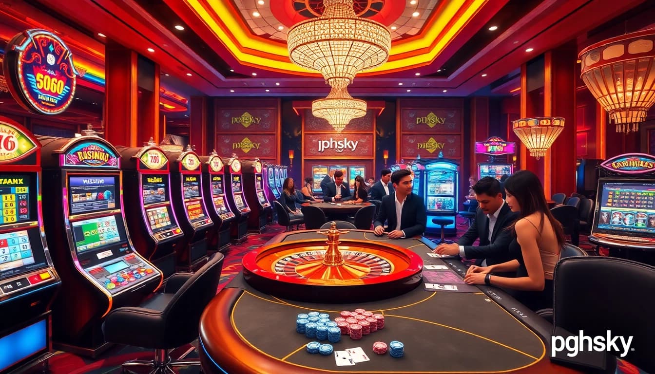 PHSKY gaming floor featuring slot machines and poker table for an exciting casino experience.