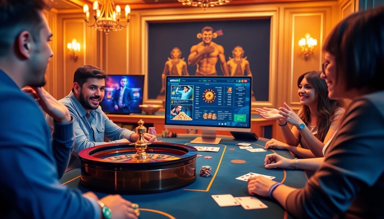 Para pemain menikmati pengalaman judi online dengan Utama4D yang menampilkan chip poker berwarna-warni dan kartu.