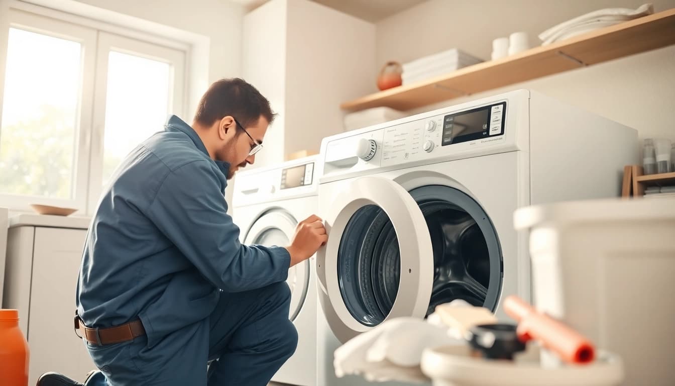 Technician performing appliance repair ottawa service on washing machine with tools.