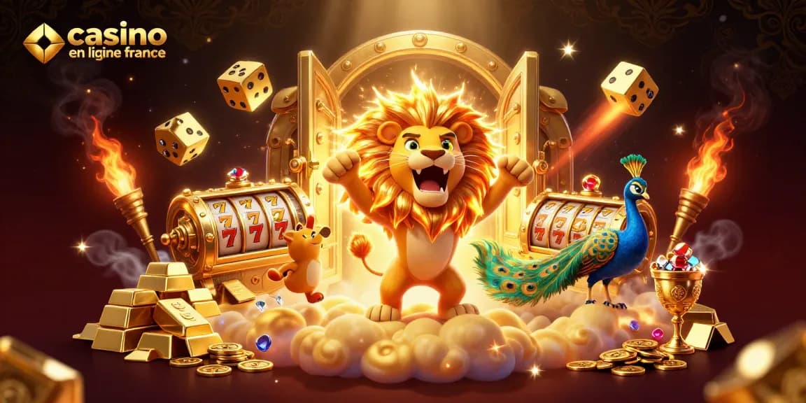 Gagnez aux jeux de casino en ligne France avec une scène dynamique de personnages et d'éléments de jeu.