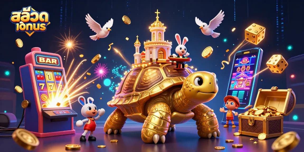 Try out สล็อตทดลอง with a dynamic scene of cartoon tortoise and rabbit dealer amidst slot game excitement.