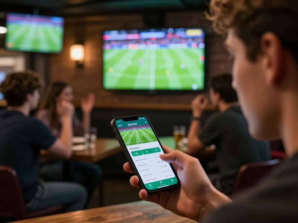 Engaging in trực tiếp bóng đá betting action, a user closely monitors game stats on a smartphone during a live sports match