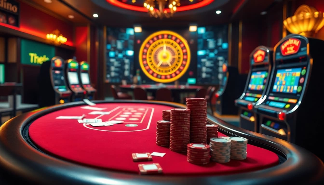 Cổng game B52 showcasing a luxurious poker table with chips and a roulette wheel in a vibrant online casino.
